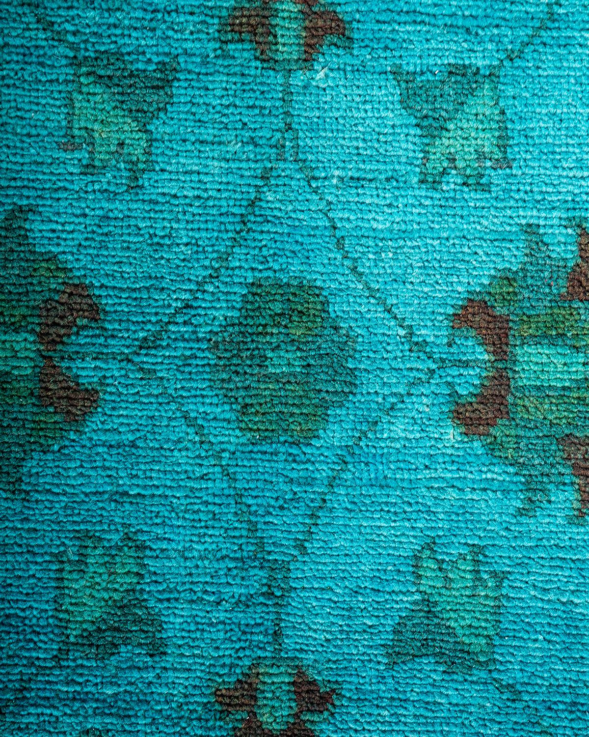 Pakistani Contemporary Overdyed Hand Knotted Wool Blue Runner For Sale