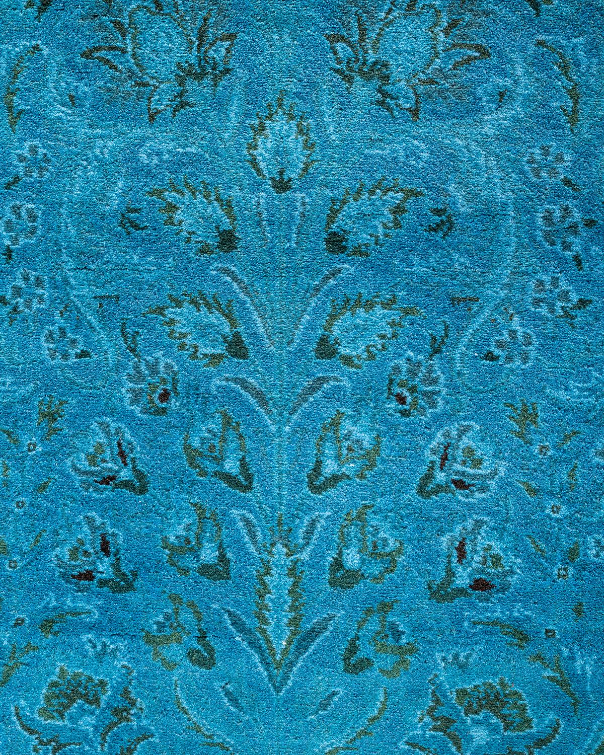 Pakistani Contemporary Overdyed Hand Knotted Wool Blue Runner For Sale