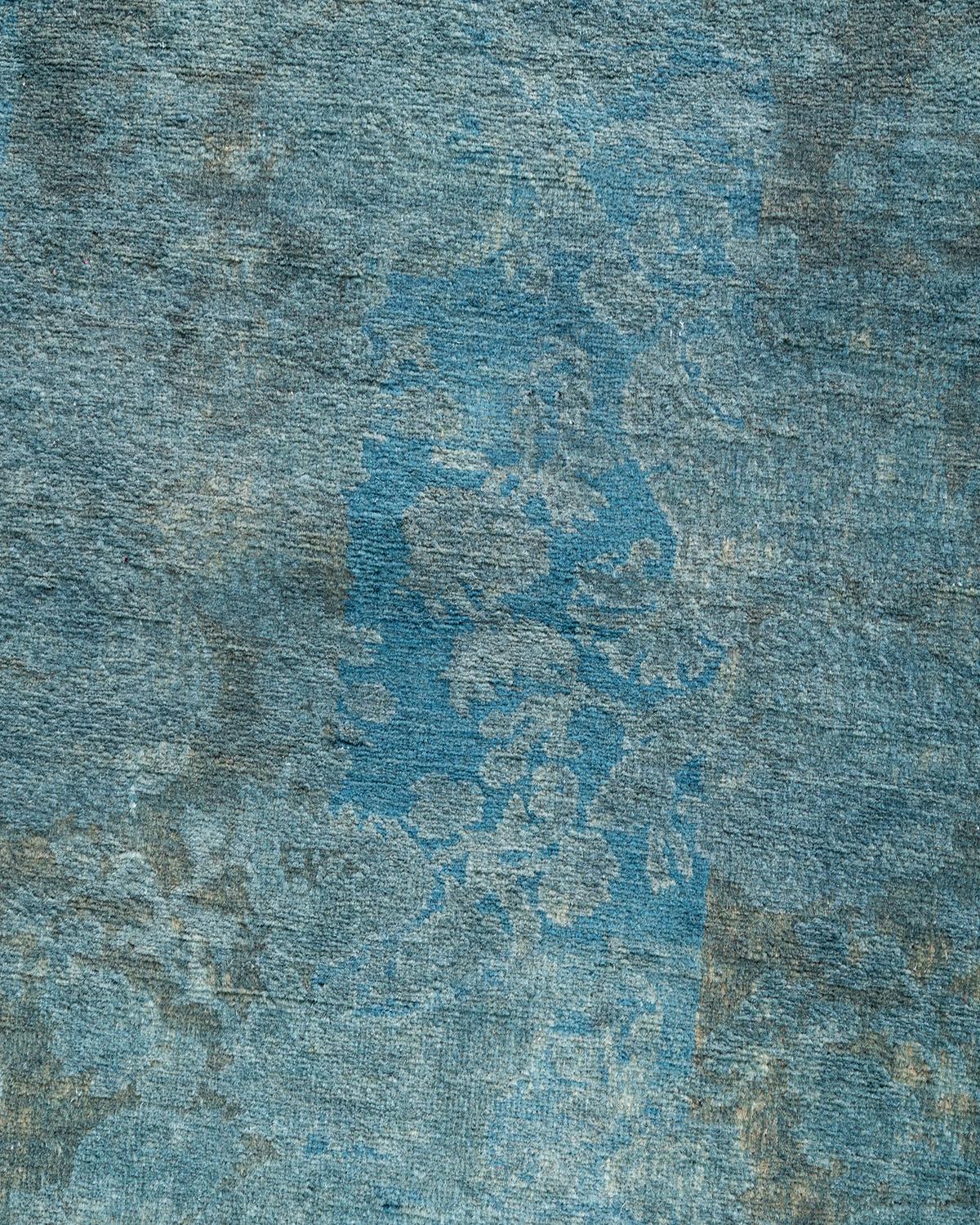 Pakistanais Chemin de table contemporain en laine surteinte nouée à la main, bleu en vente