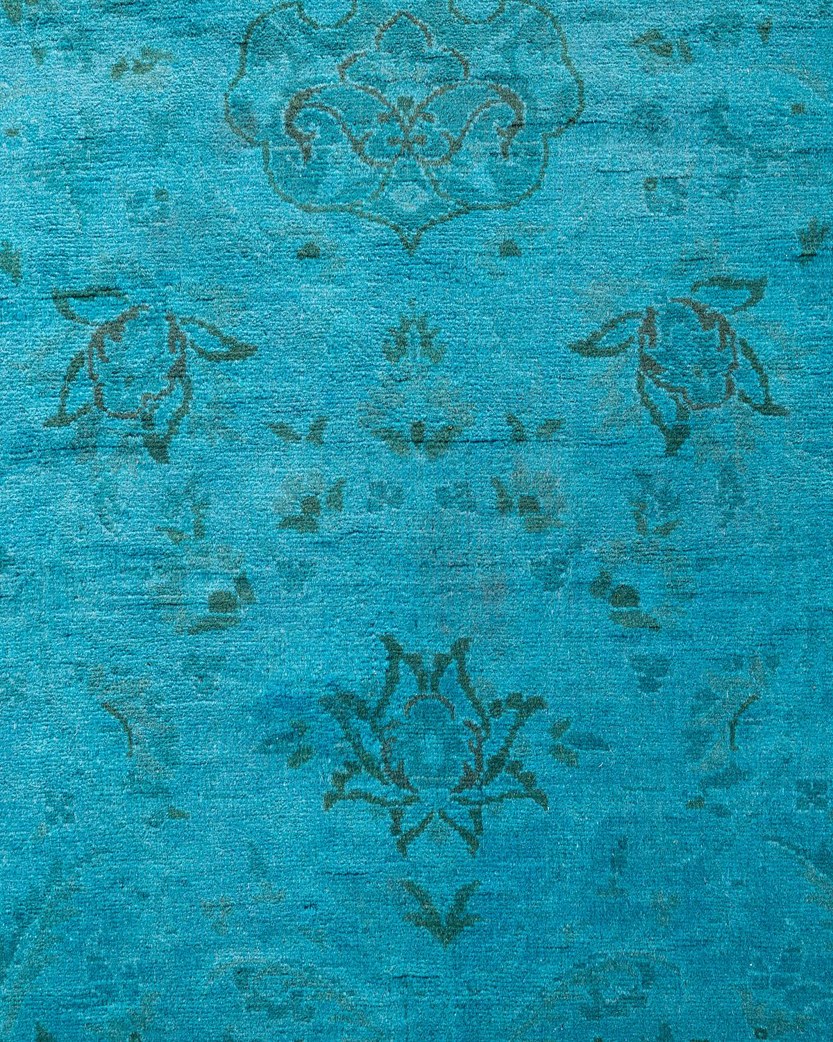 Pakistani Contemporary Overdyed Hand Knotted Wool Blue Runner For Sale