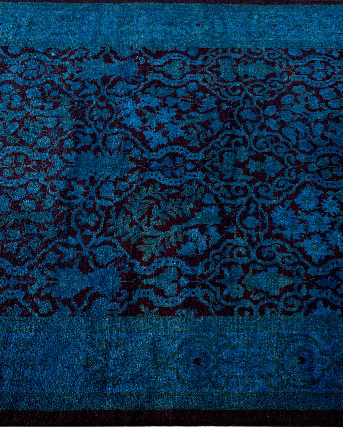 Contemporary Overdyed Hand Knotted Wool Blue Runner In New Condition For Sale In Norwalk, CT