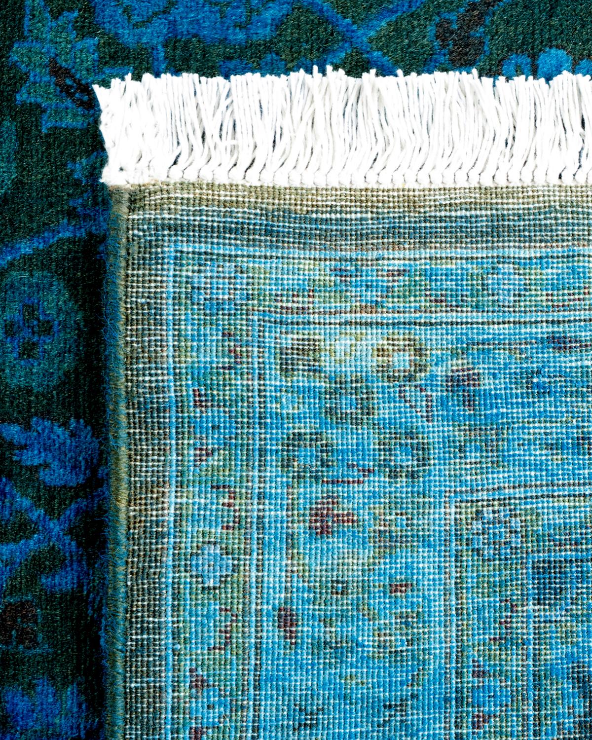 Contemporary Overdyed Hand Knotted Wool Blue Runner For Sale 1