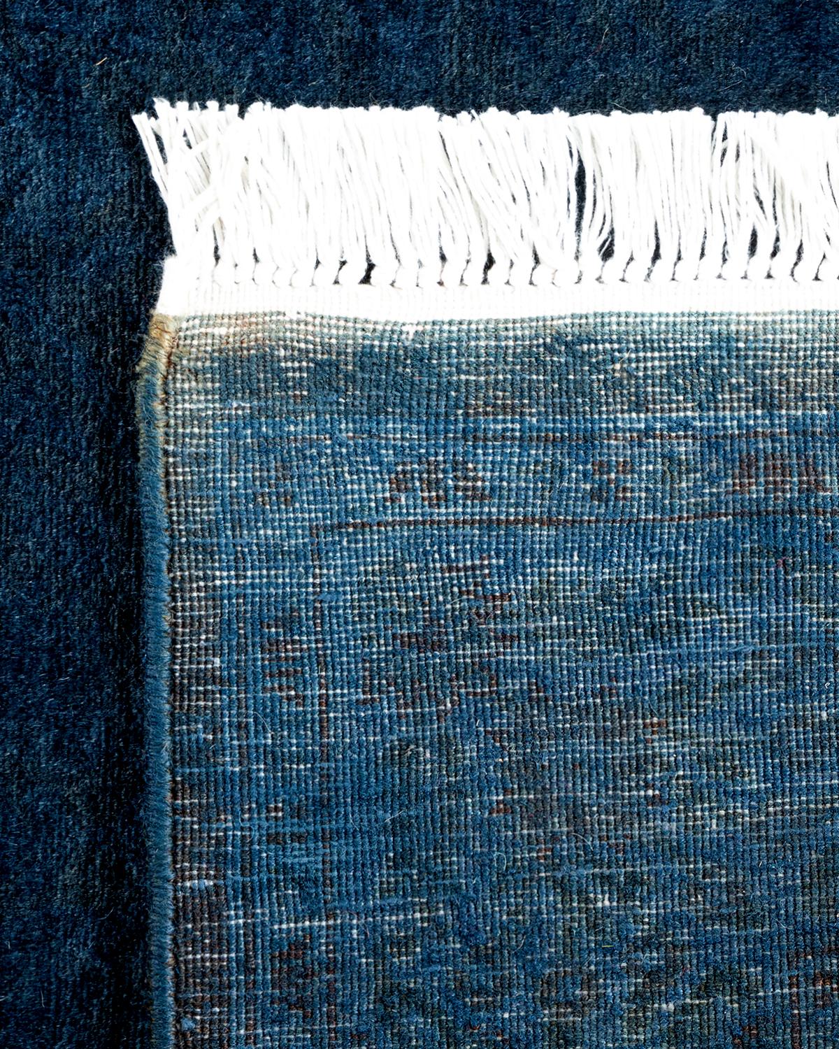 Contemporary Overdyed Hand Knotted Wool Blue Runner For Sale 1