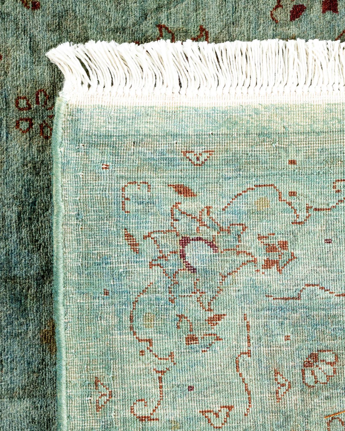Contemporary Overdyed Hand Knotted Wool Blue Runner For Sale 1
