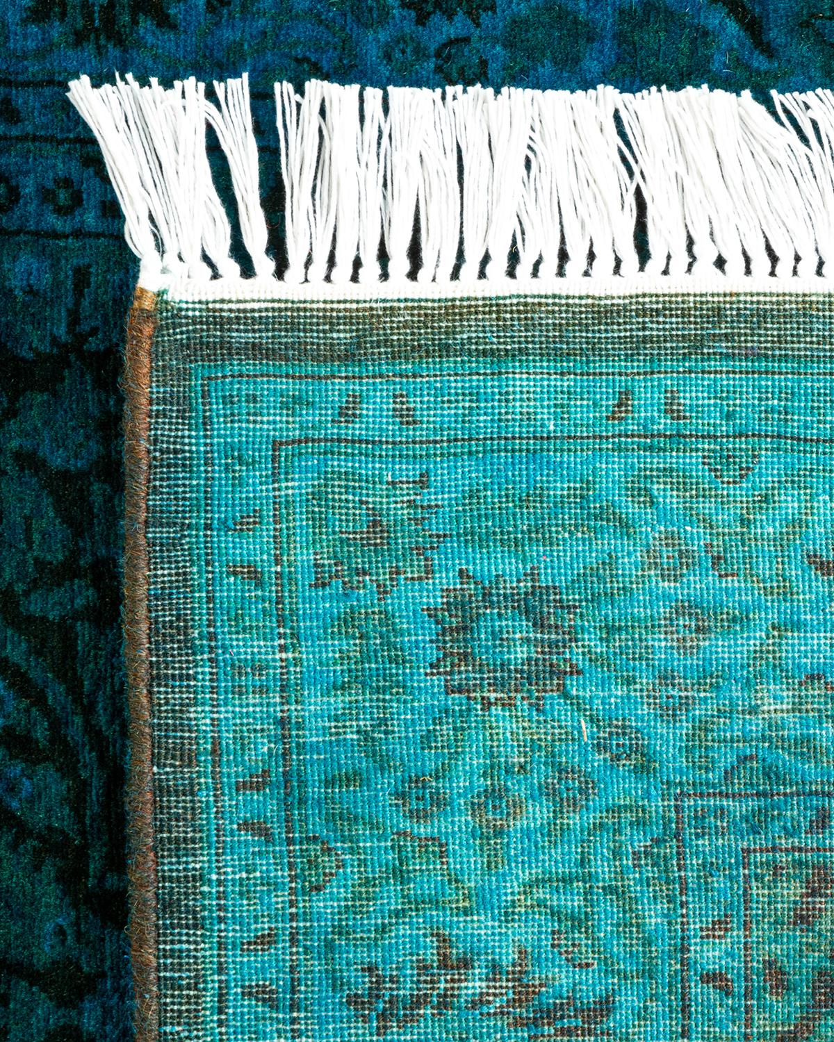 Contemporary Overdyed Hand Knotted Wool Blue Runner For Sale 1