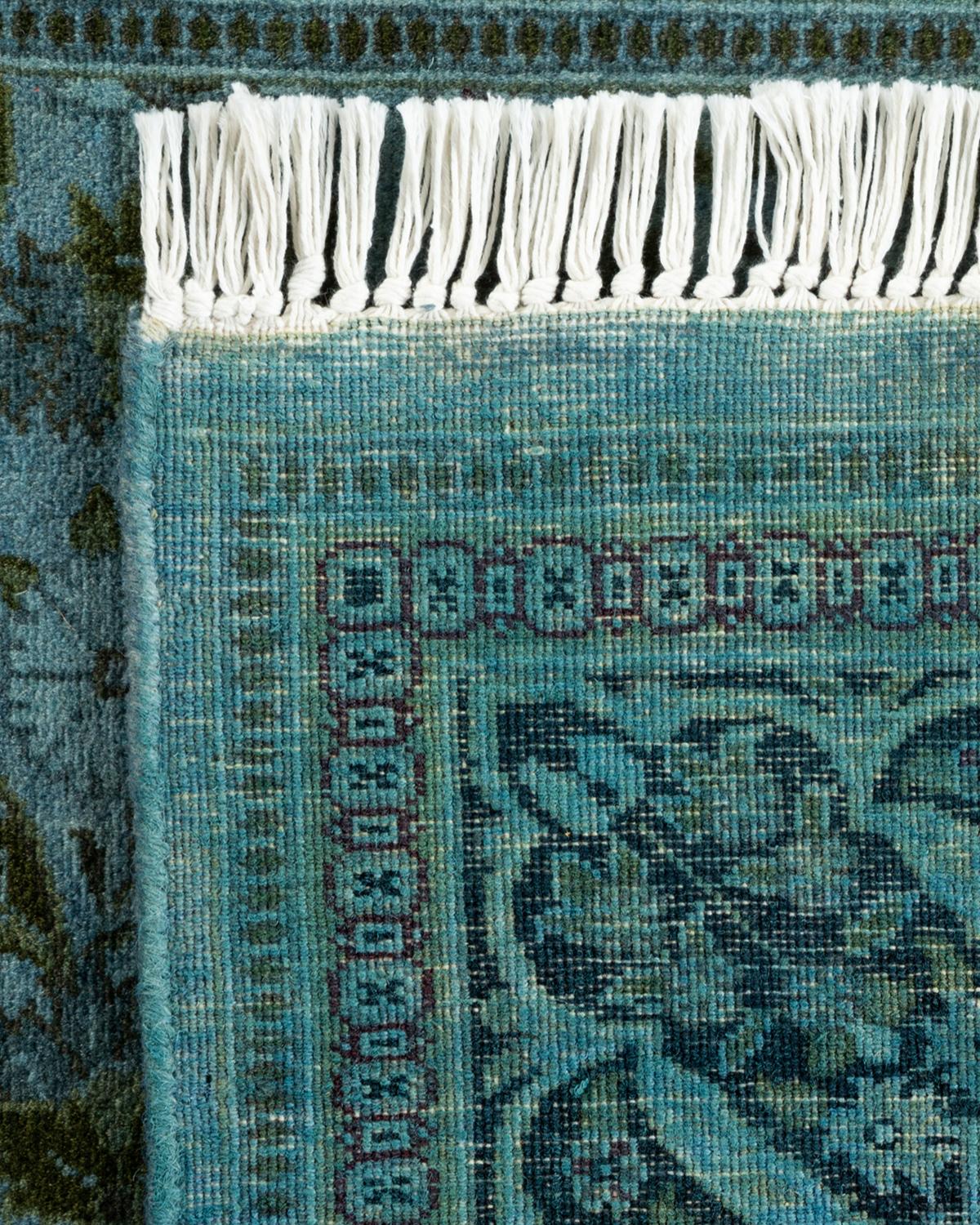 Contemporary Overdyed Hand Knotted Wool Blue Runner For Sale 1