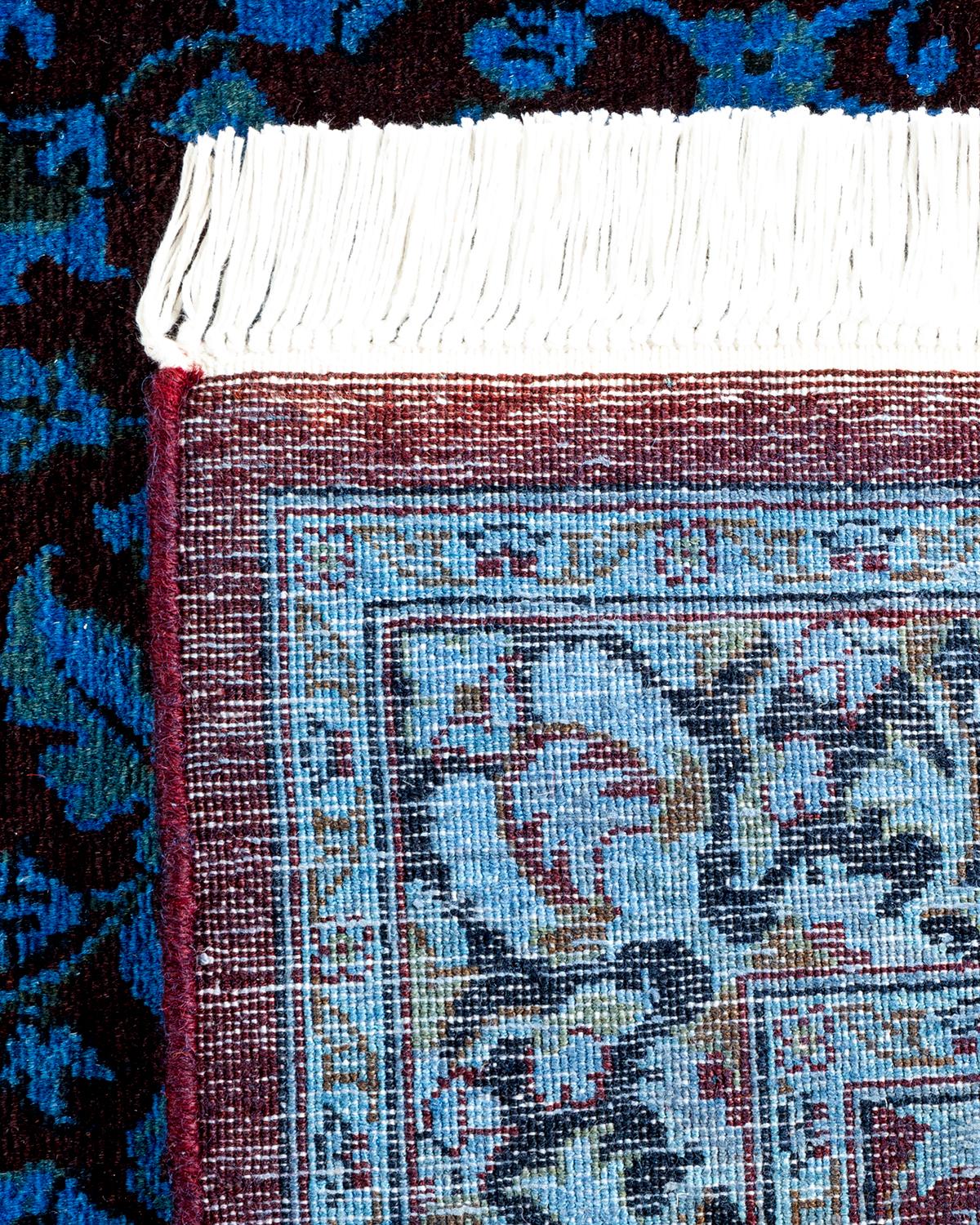 Contemporary Overdyed Hand Knotted Wool Blue Runner For Sale 1