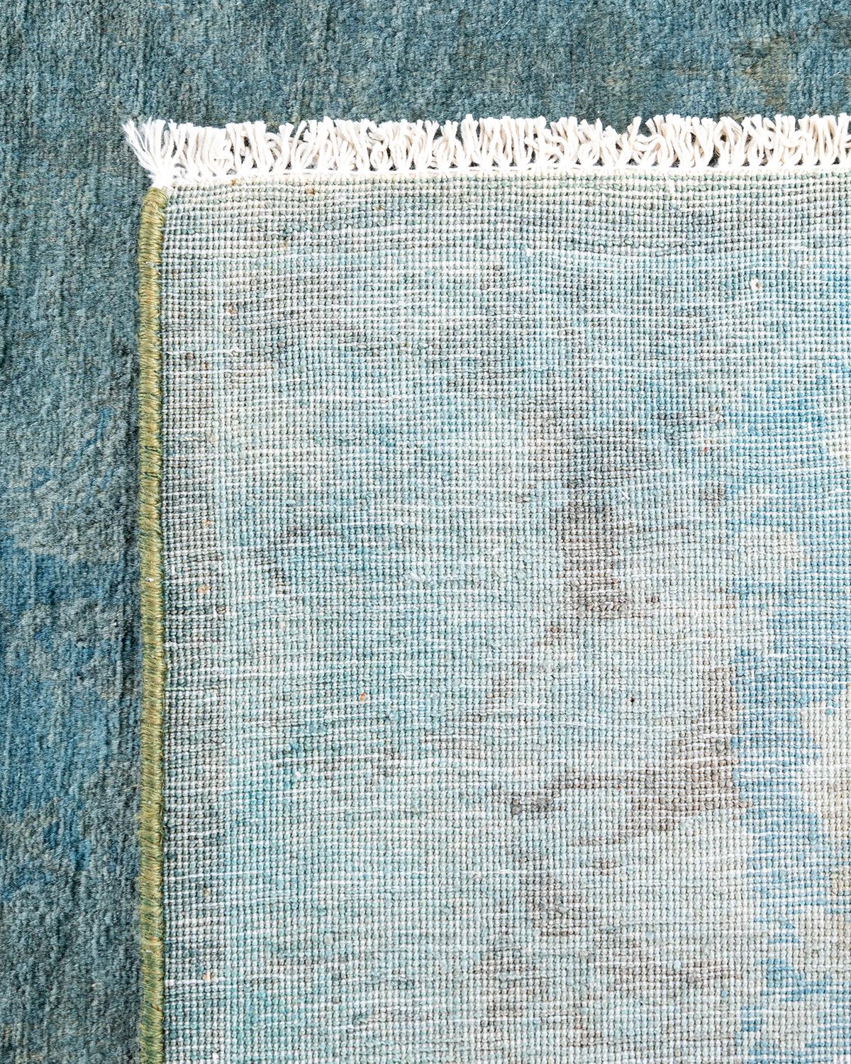 Contemporary Overdyed Hand Knotted Wool Blue Runner For Sale 1