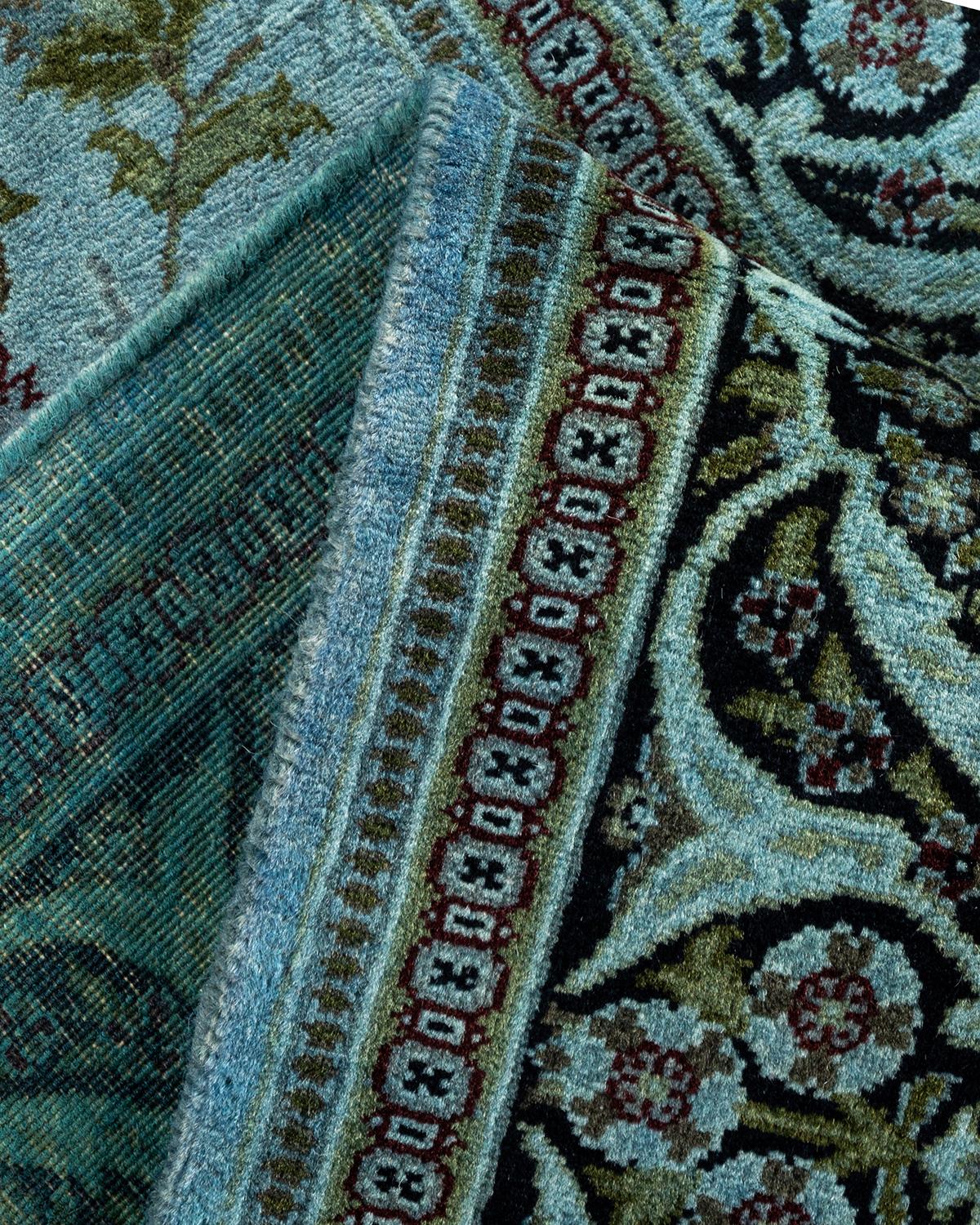 Contemporary Overdyed Hand Knotted Wool Blue Runner For Sale 2