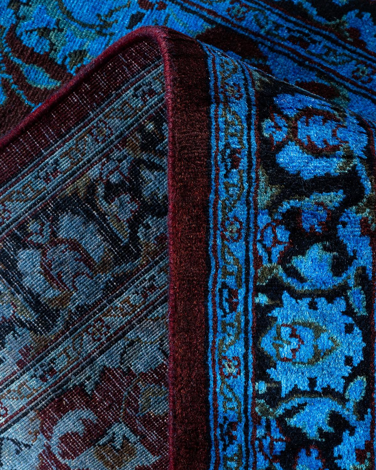 Contemporary Overdyed Hand Knotted Wool Blue Runner For Sale 2
