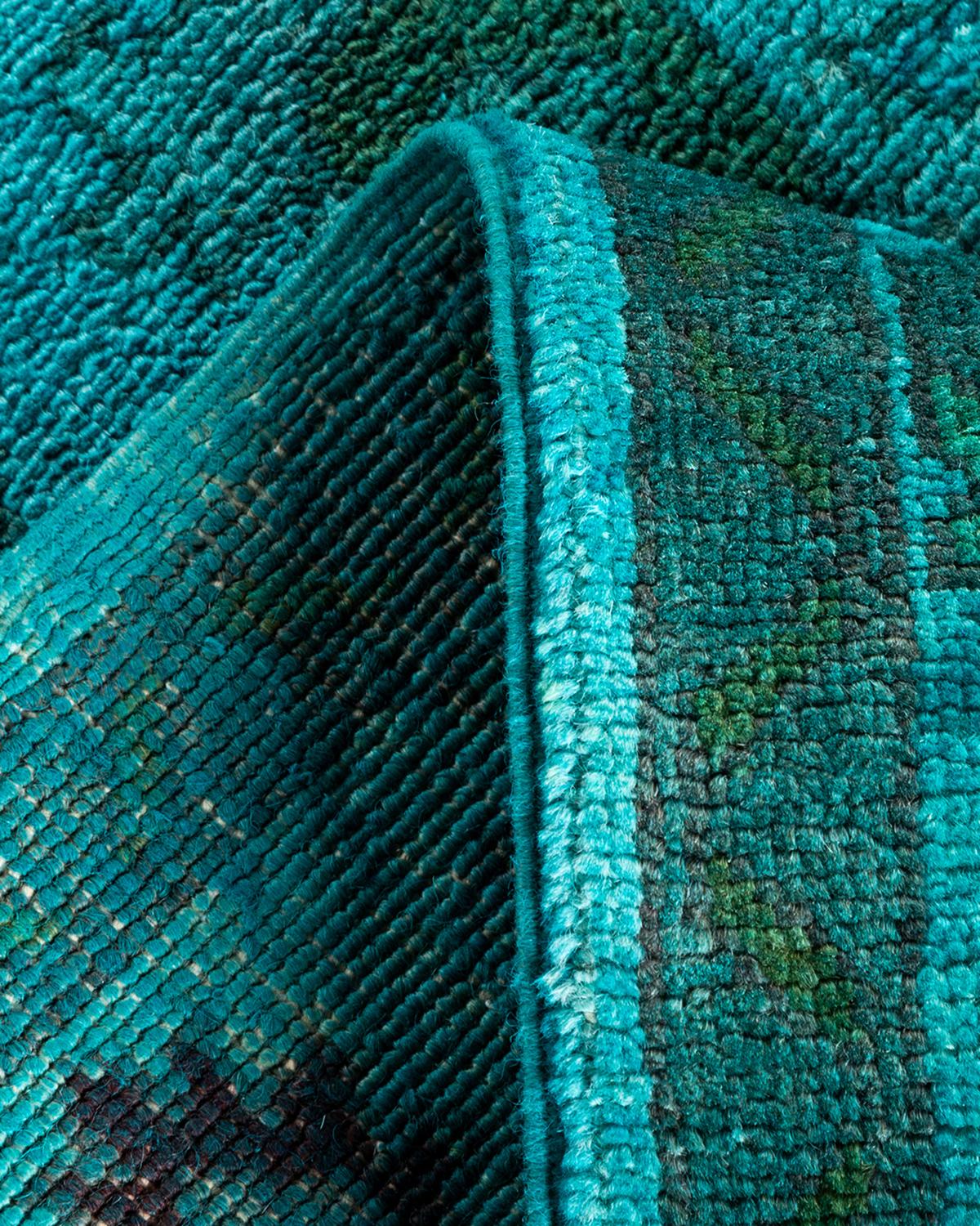 Contemporary Overdyed Hand Knotted Wool Blue Runner For Sale 2