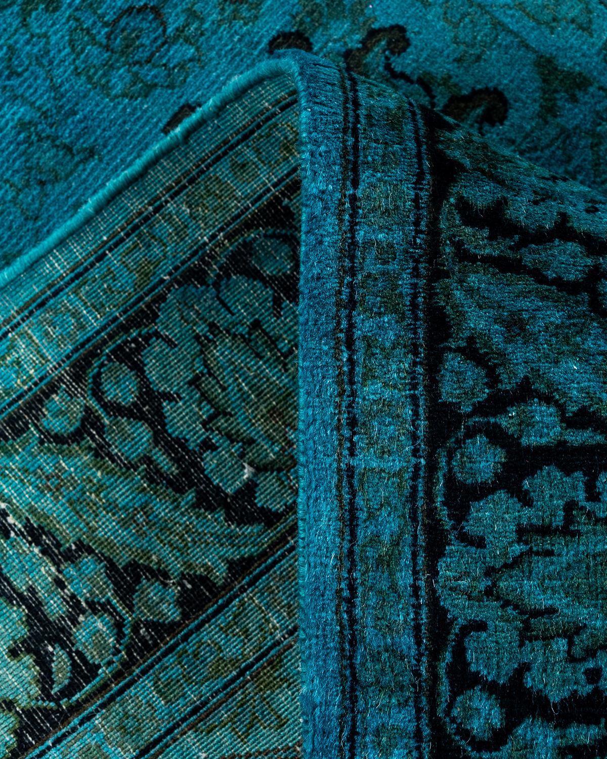 Contemporary Overdyed Hand Knotted Wool Blue Runner For Sale 2