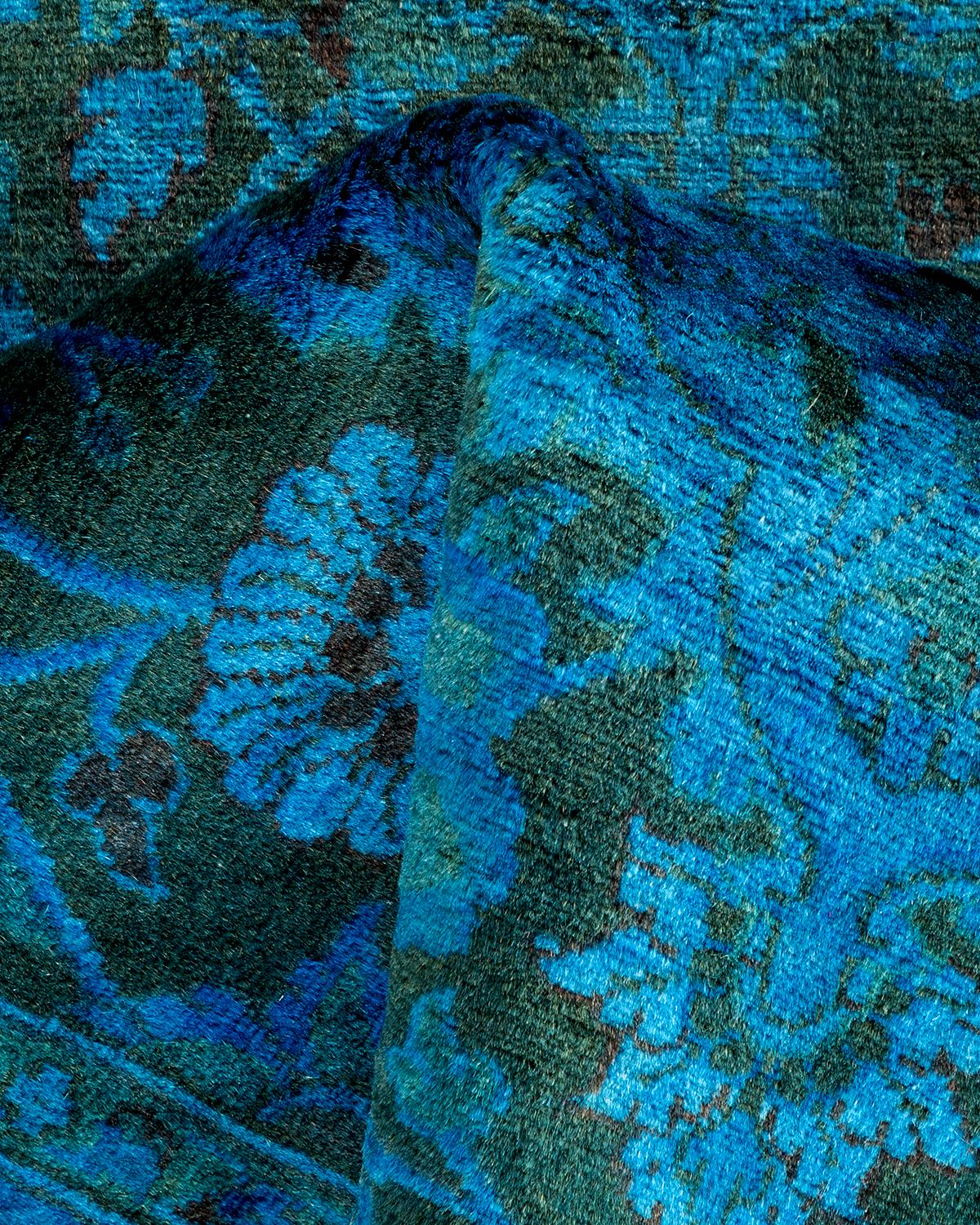 Contemporary Overdyed Hand Knotted Wool Blue Runner For Sale 3