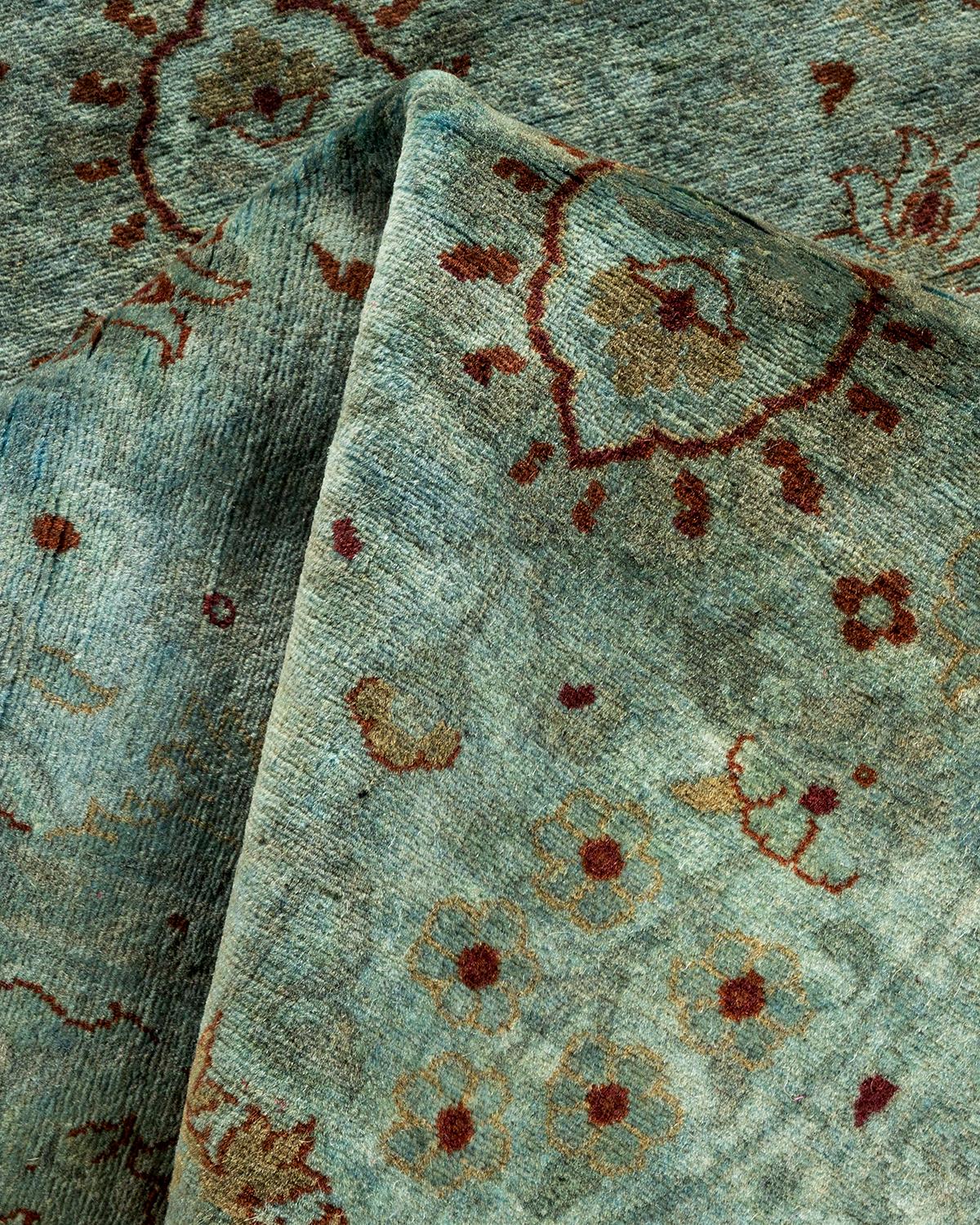 Contemporary Overdyed Hand Knotted Wool Blue Runner For Sale 3