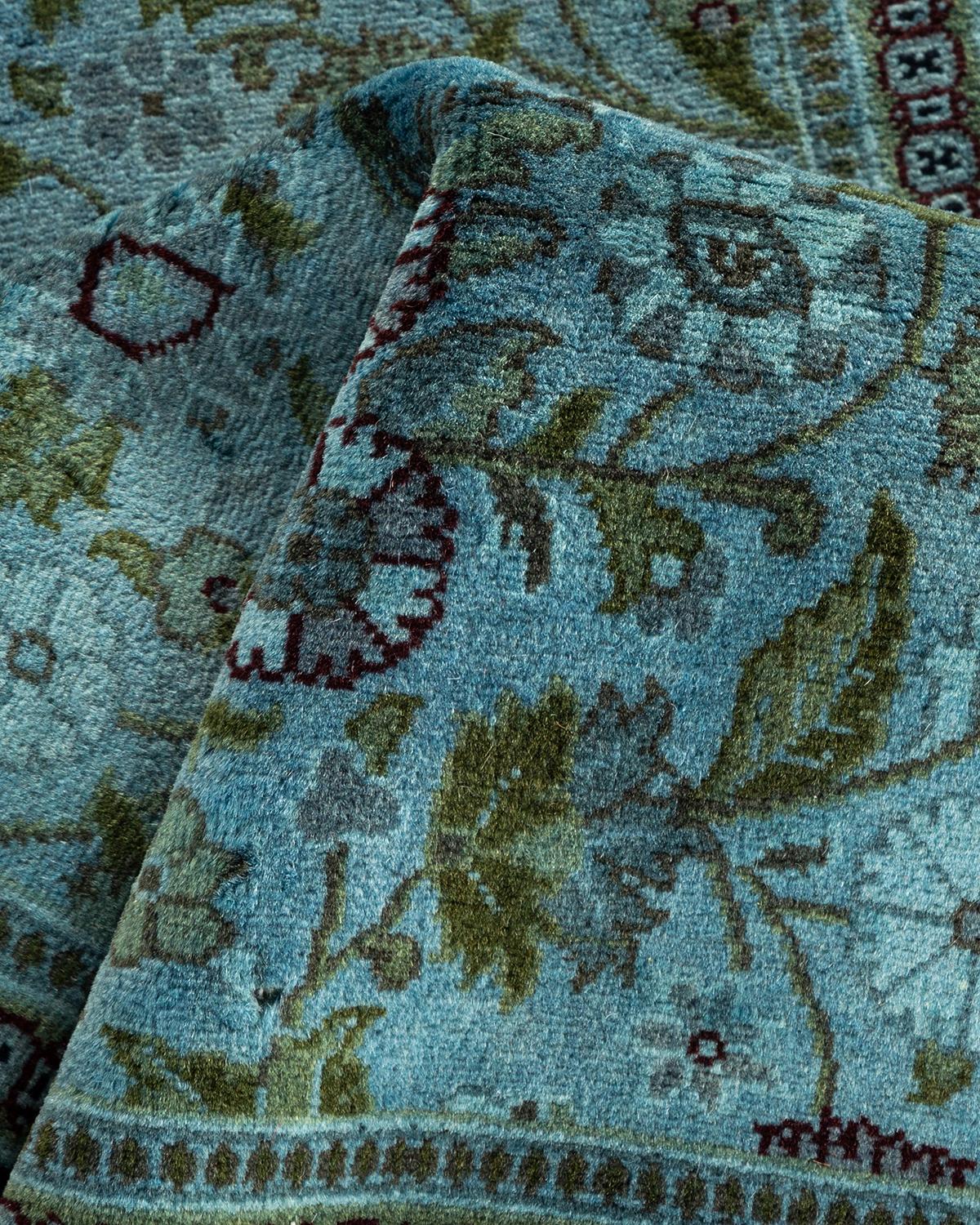 Contemporary Overdyed Hand Knotted Wool Blue Runner For Sale 3