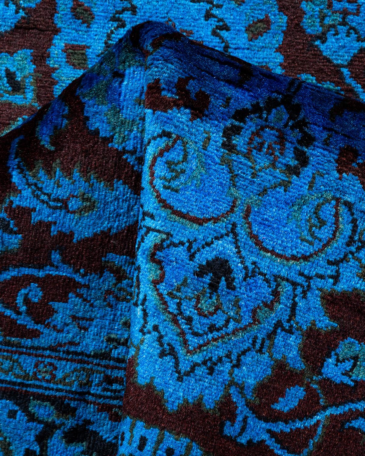 Contemporary Overdyed Hand Knotted Wool Blue Runner For Sale 3