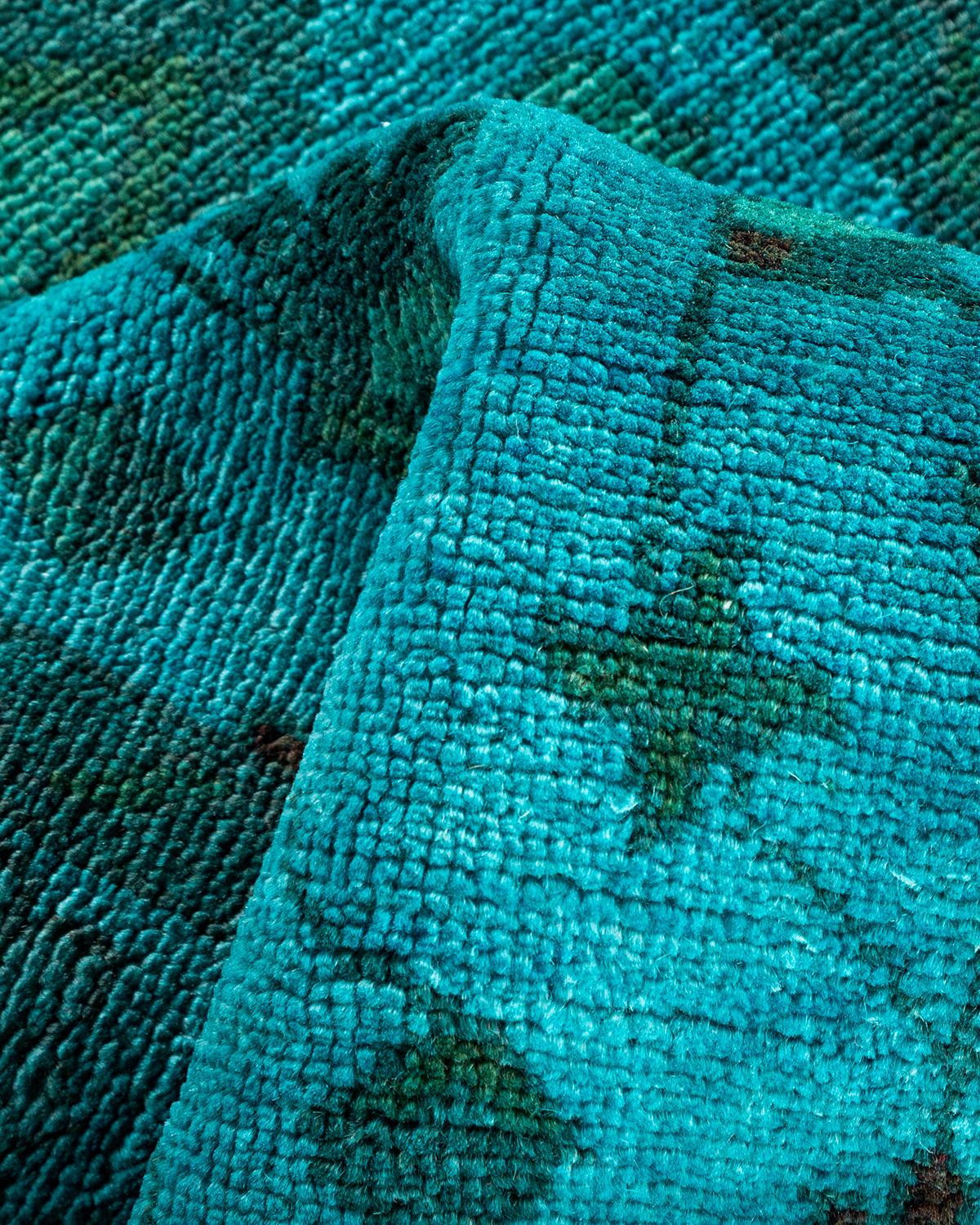 Contemporary Overdyed Hand Knotted Wool Blue Runner For Sale 3