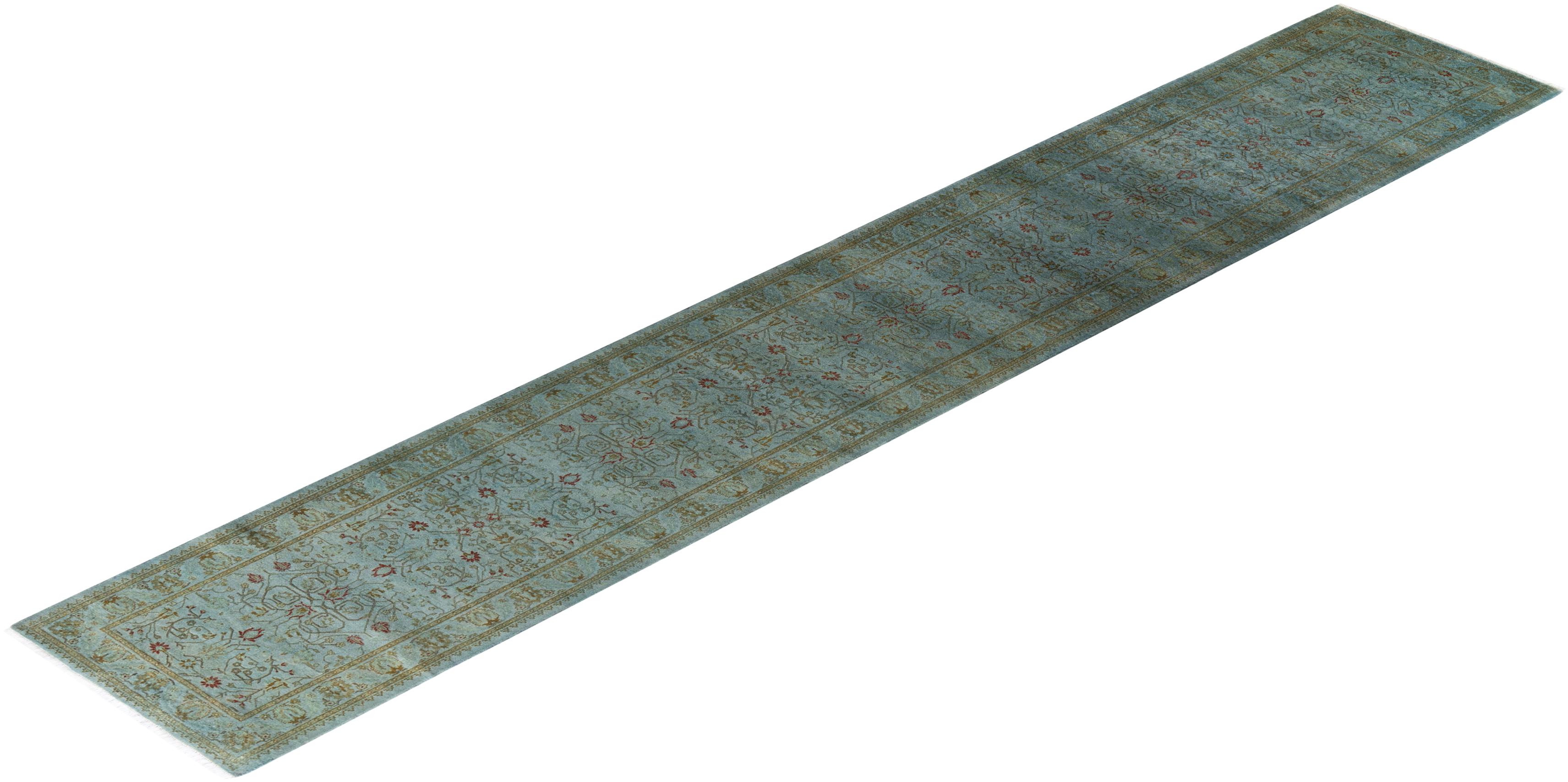 Contemporary Overdyed Hand Knotted Wool Blue Runner For Sale 4