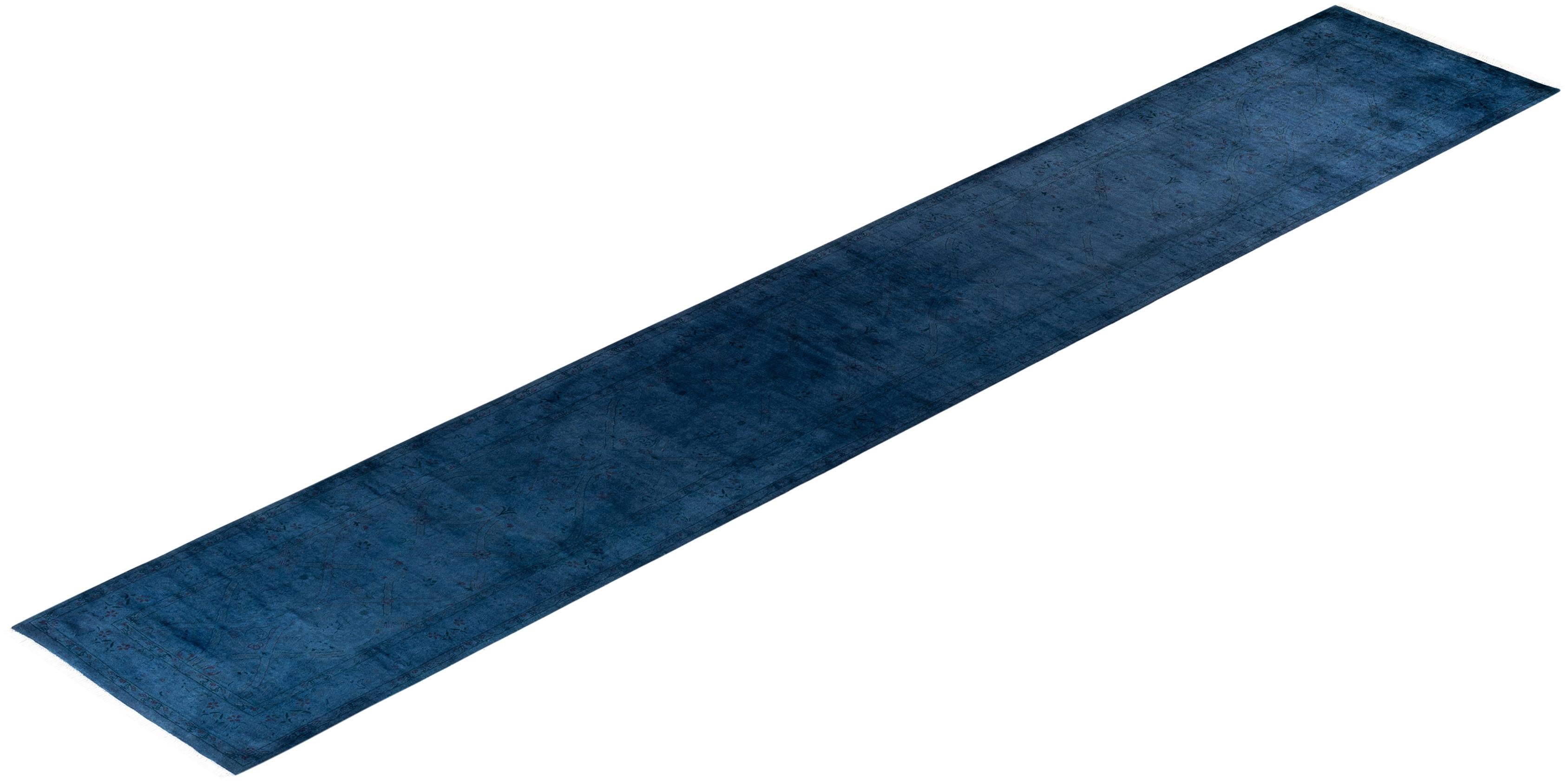 Contemporary Overdyed Hand Knotted Wool Blue Runner For Sale 4