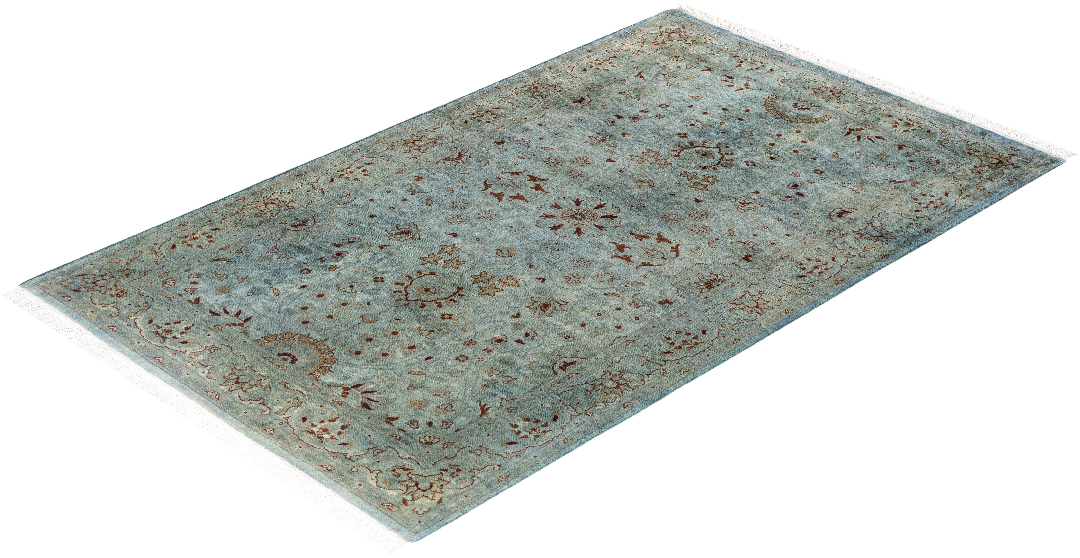 Contemporary Overdyed Hand Knotted Wool Blue Runner For Sale 4