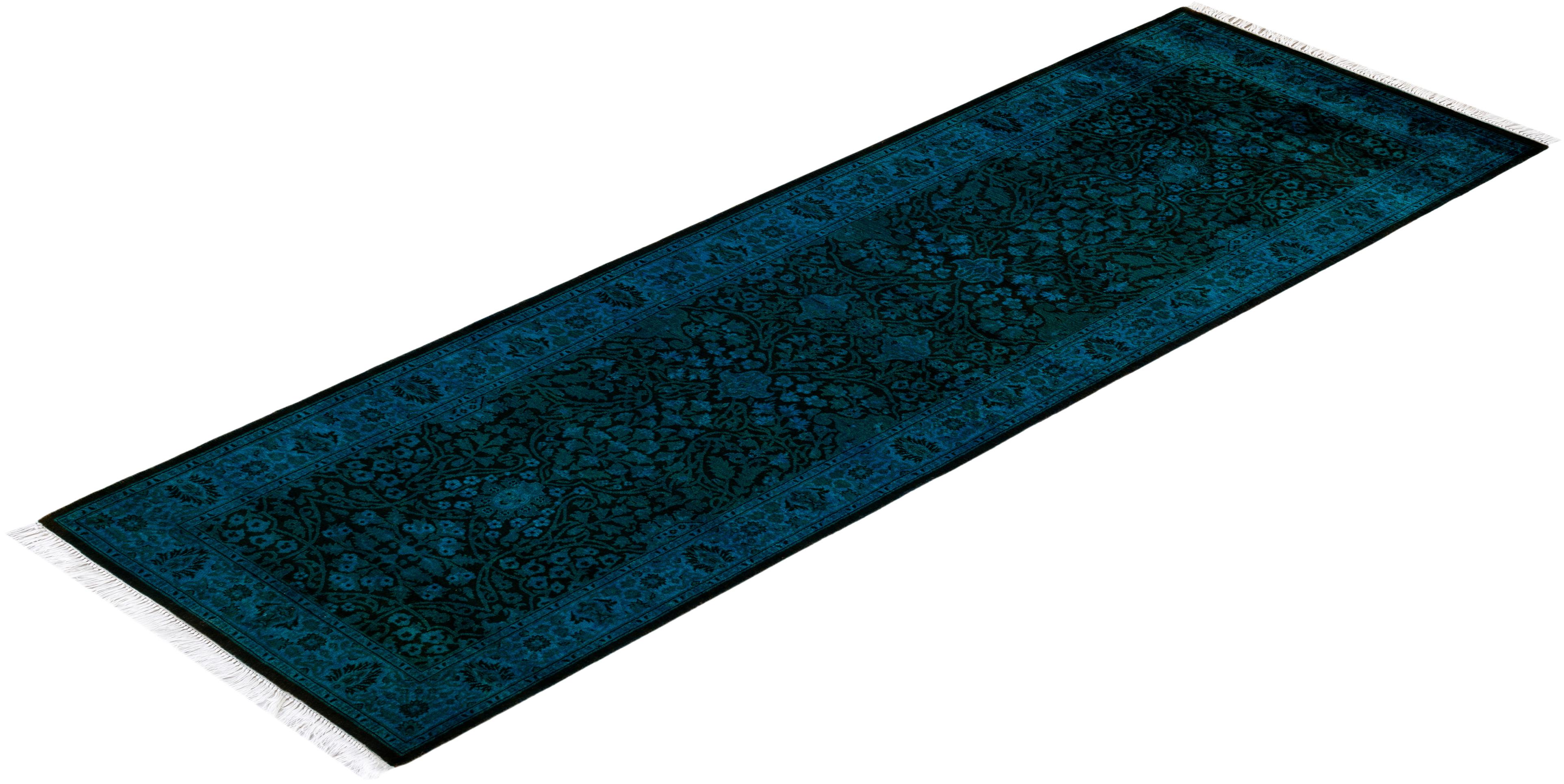 Contemporary Overdyed Hand Knotted Wool Blue Runner For Sale 4