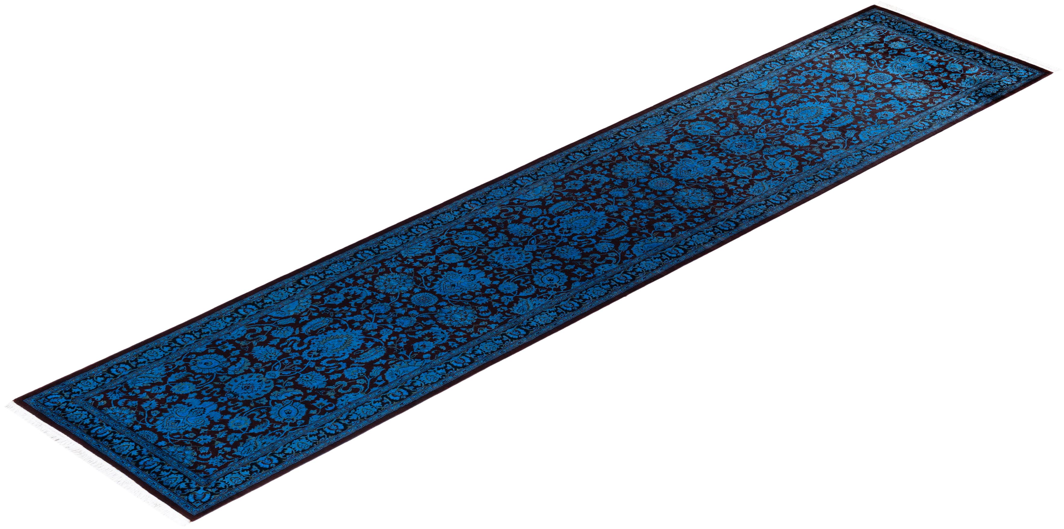 Contemporary Overdyed Hand Knotted Wool Blue Runner For Sale 4
