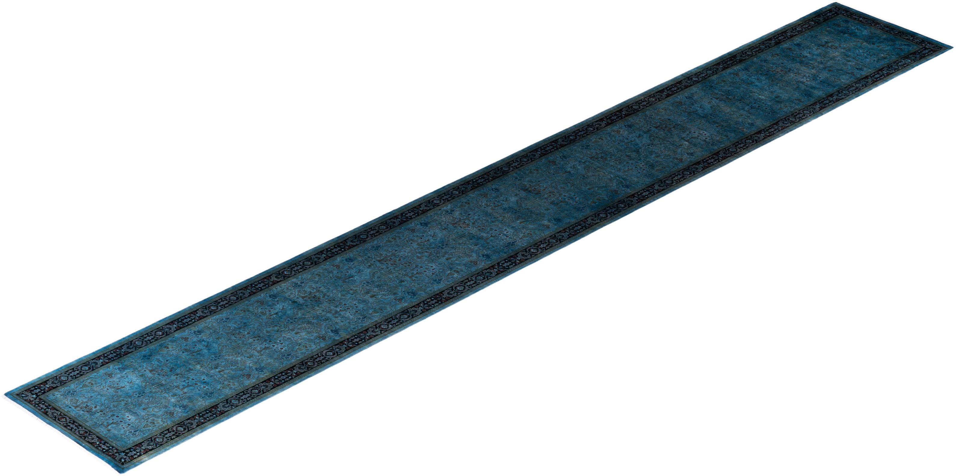 Contemporary Overdyed Hand Knotted Wool Blue Runner im Angebot 2
