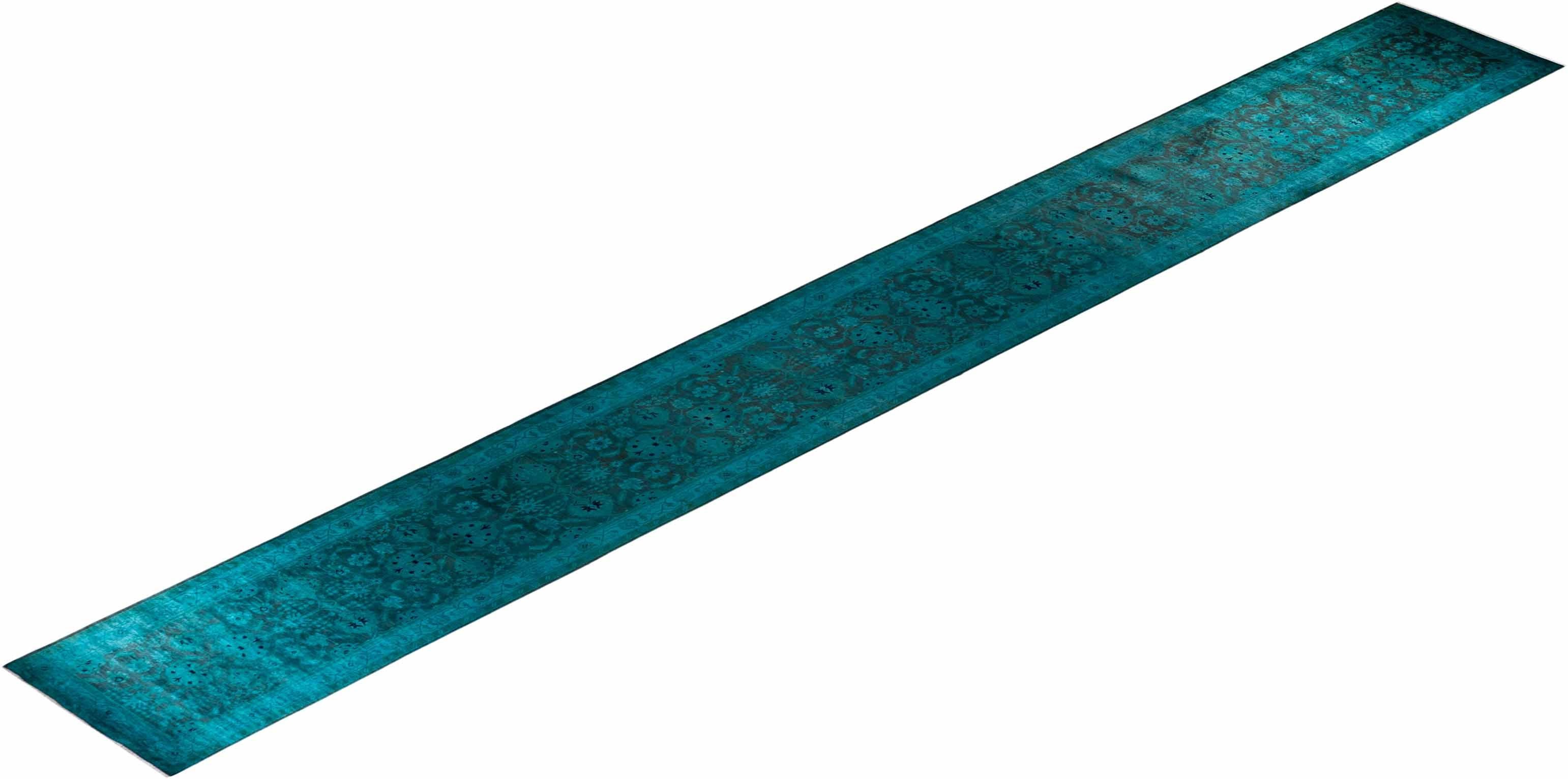 Contemporary Overdyed Hand Knotted Wool Blue Runner im Angebot 2