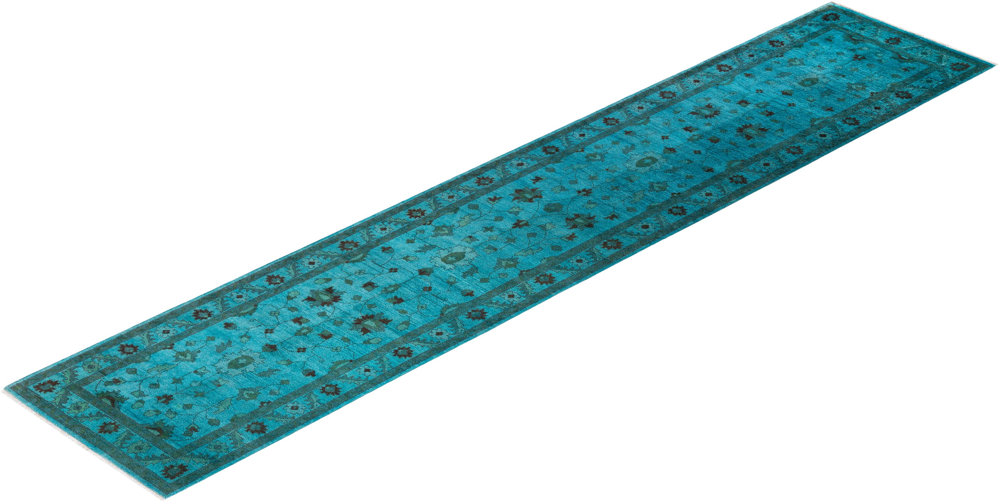 Contemporary Overdyed Hand Knotted Wool Blue Runner For Sale 4