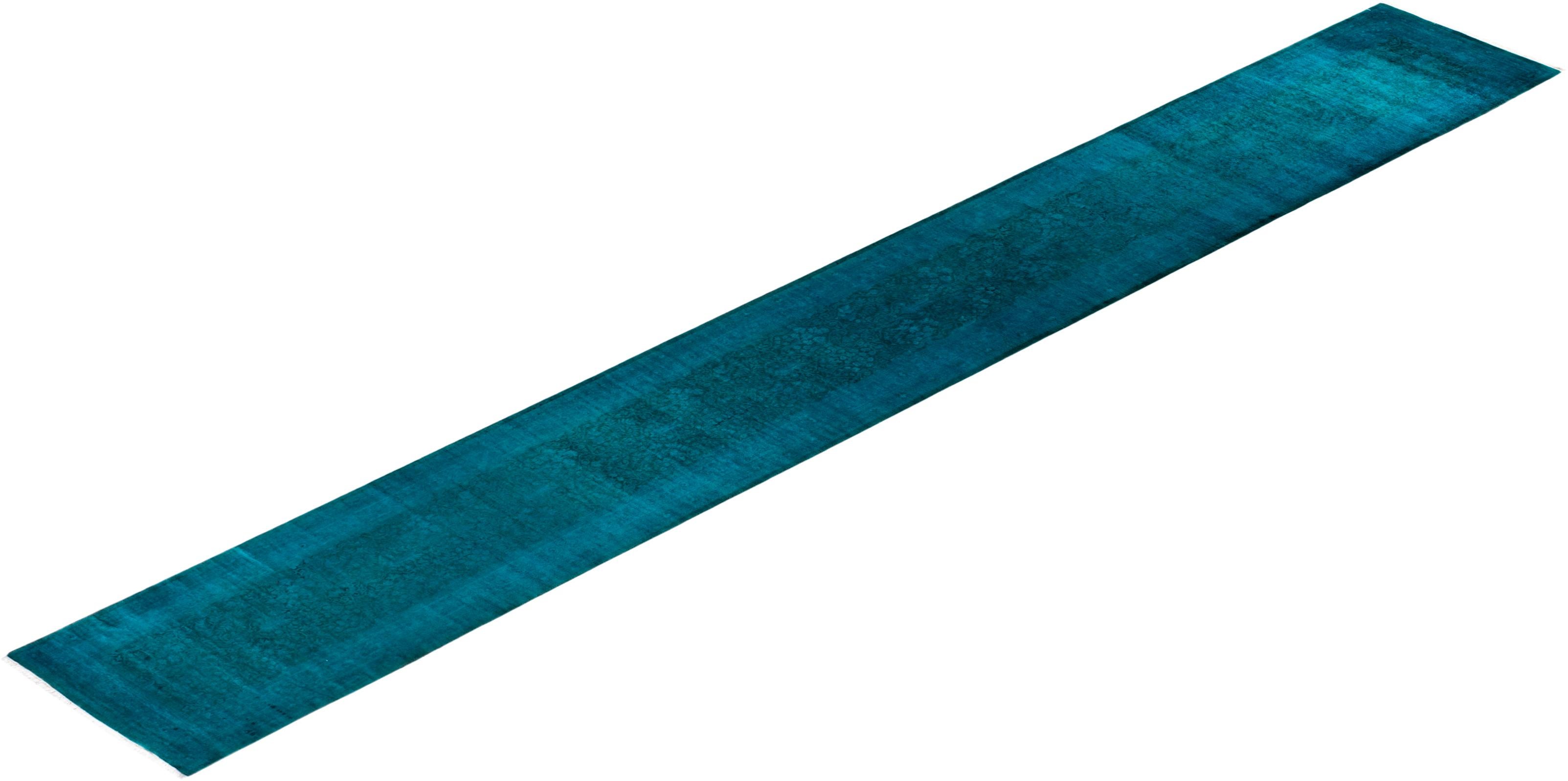 Contemporary Overdyed Hand Knotted Wool Blue Runner im Angebot 2