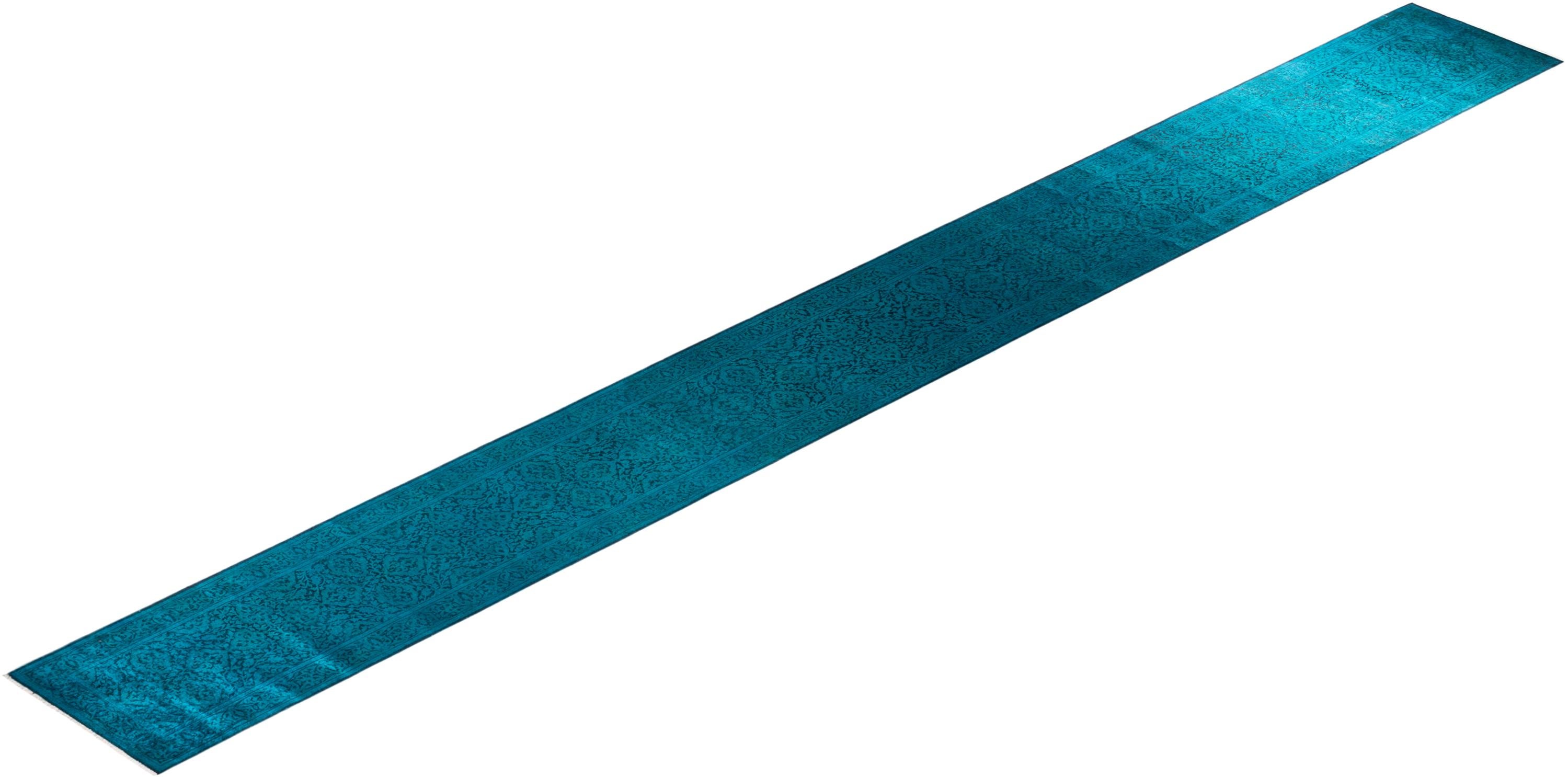 Traves de Mesa Contemporáneo Overdyed Hand Knotted Lana Azul en venta 3