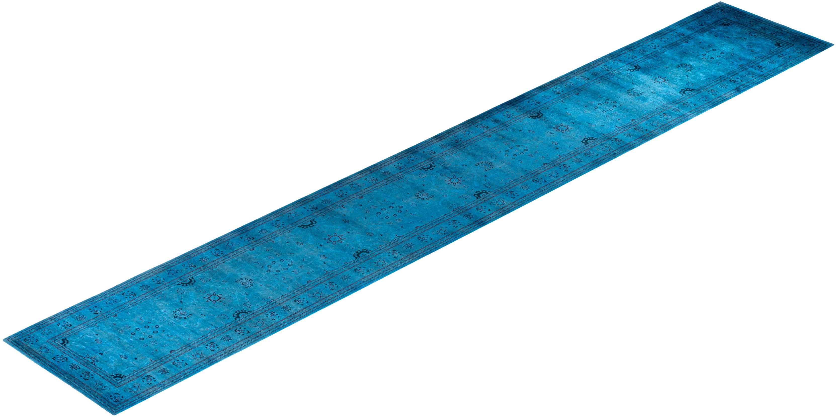 Traves de Mesa Contemporáneo Overdyed Hand Knotted Lana Azul en venta 3