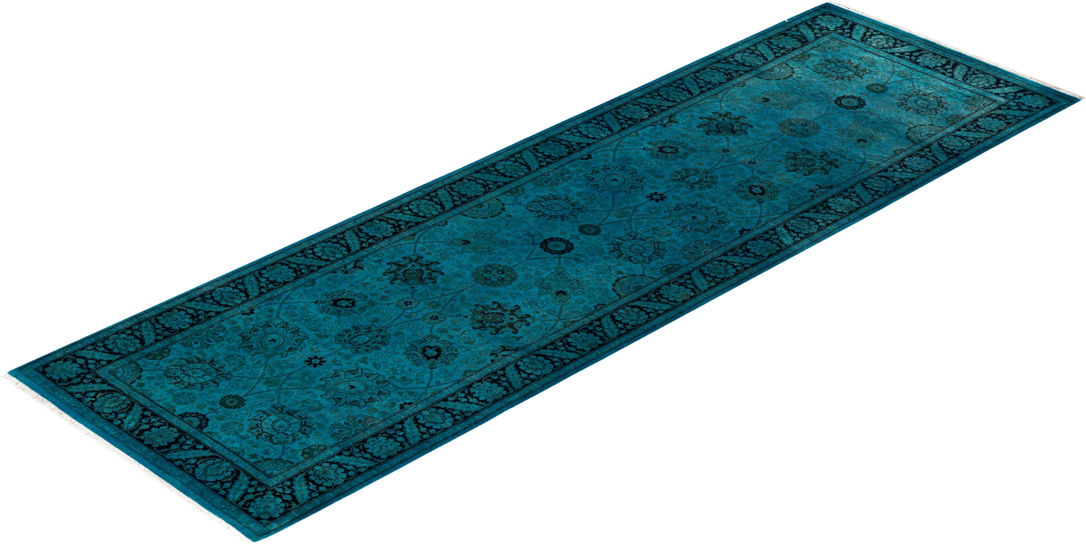 Contemporary Overdyed Hand Knotted Wool Blue Runner For Sale 4