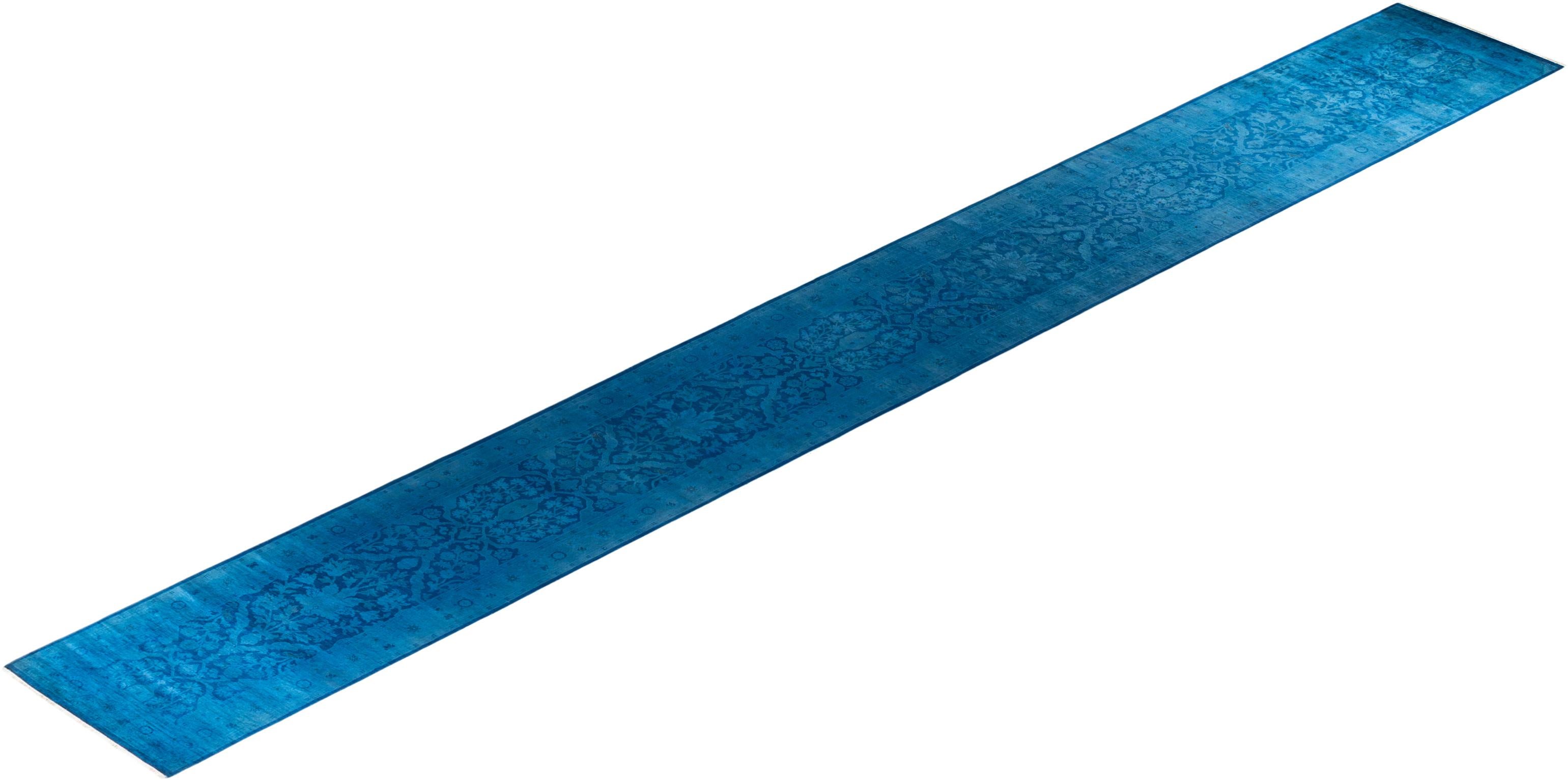 Contemporary Overdyed Hand Knotted Wool Blue Runner im Angebot 2