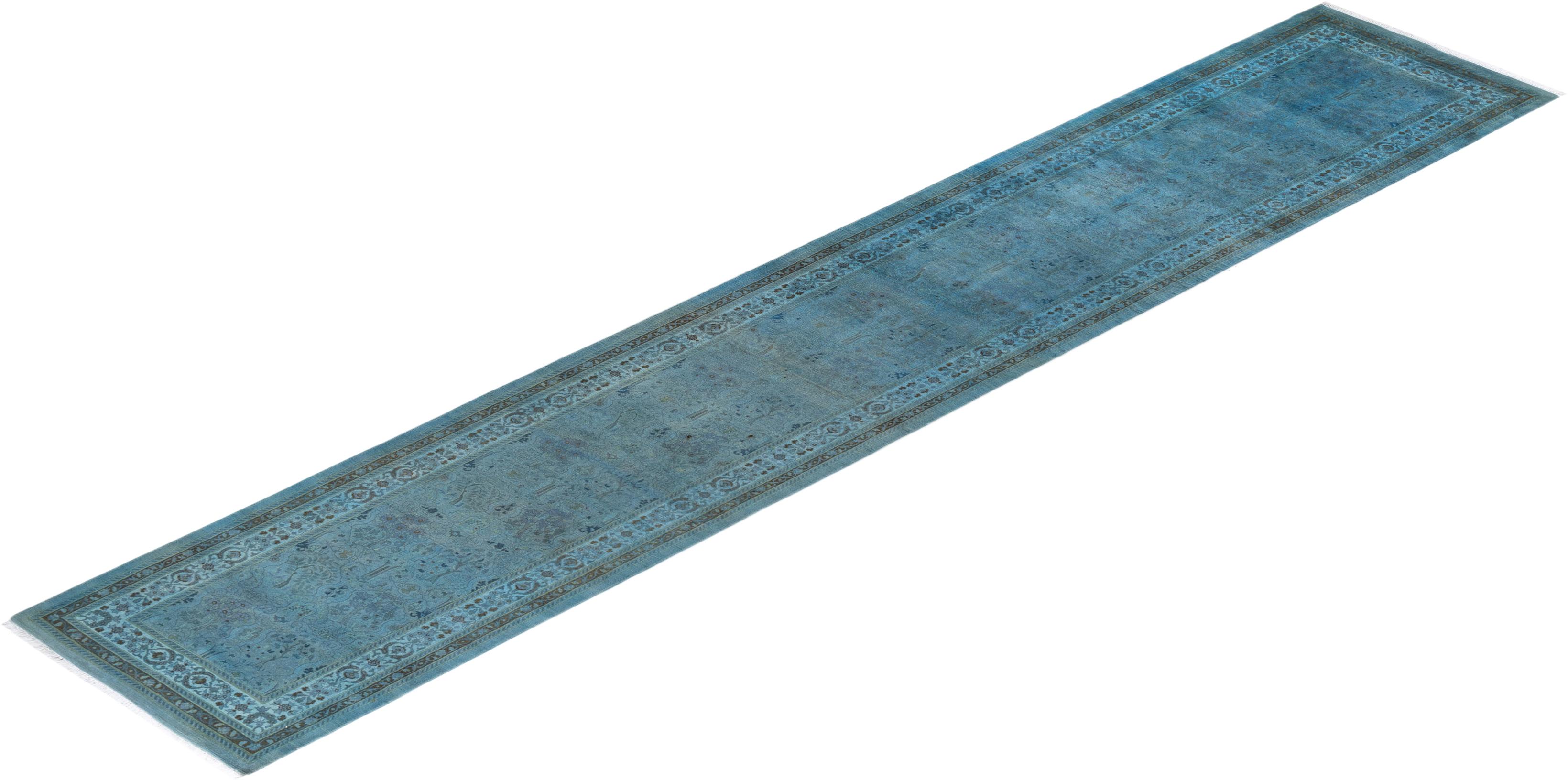 Contemporary Overdyed Hand Knotted Wool Blue Runner For Sale 4