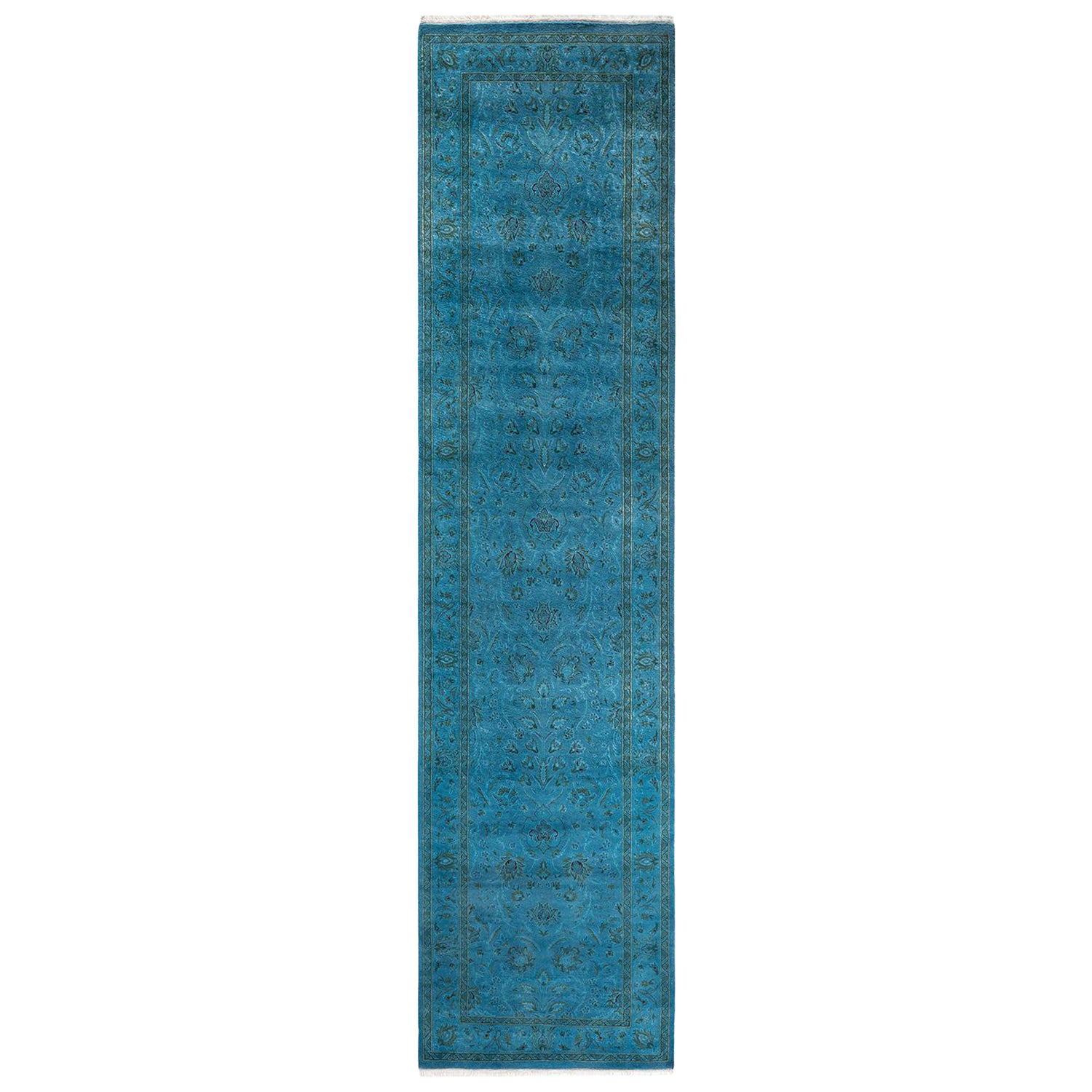 Chemin de table contemporain en laine surteinte nouée à la main, bleu