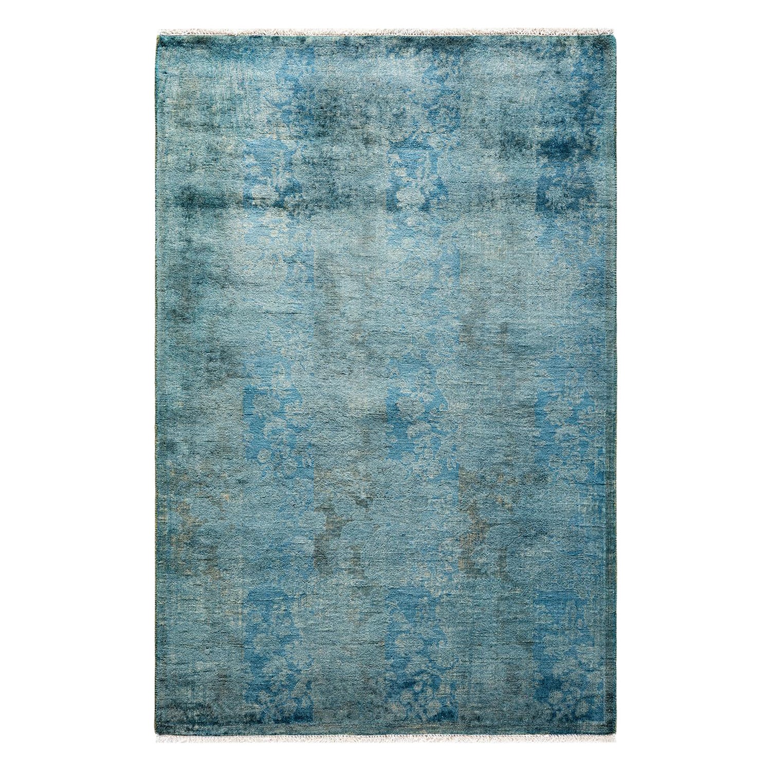 Chemin de table contemporain en laine surteinte nouée à la main, bleu