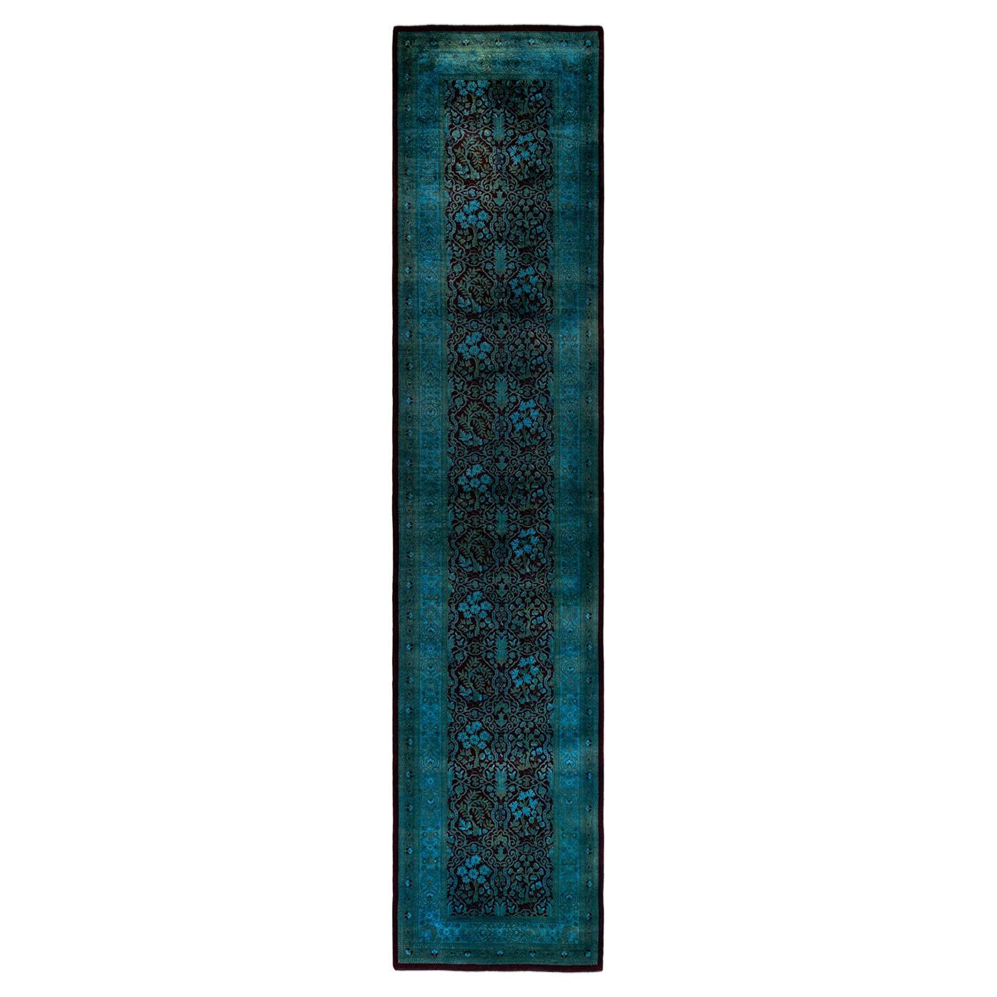 Chemin de table contemporain en laine surteinte nouée à la main, bleu
