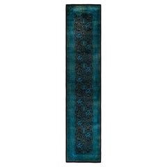 Chemin de table contemporain en laine surteinte nouée à la main, bleu