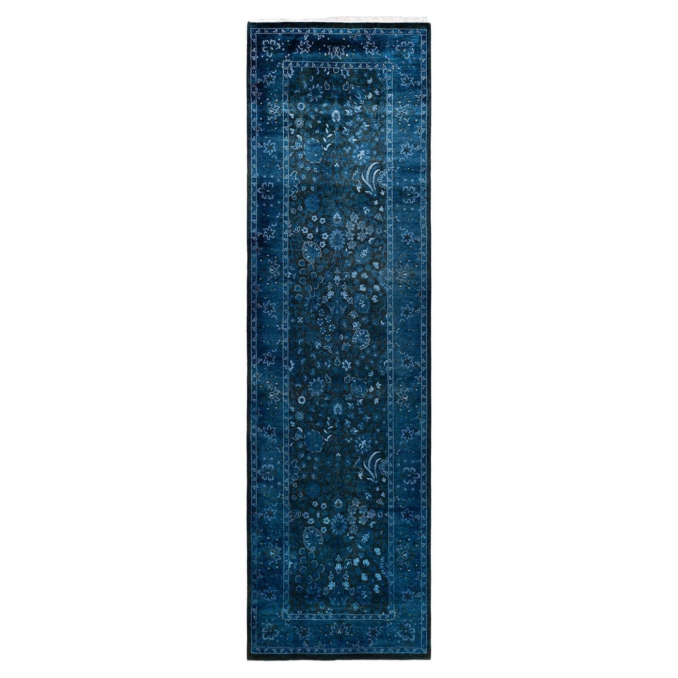 Contemporary Overdyed Hand Knotted Wool Blue Runner