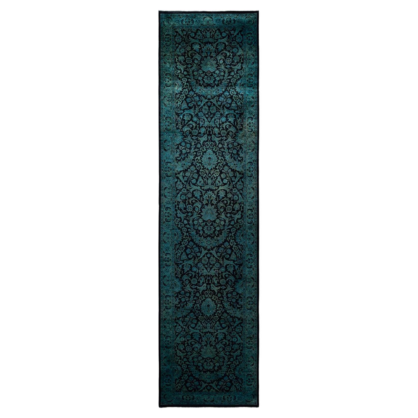 Chemin de table contemporain en laine surteinte nouée à la main, bleu