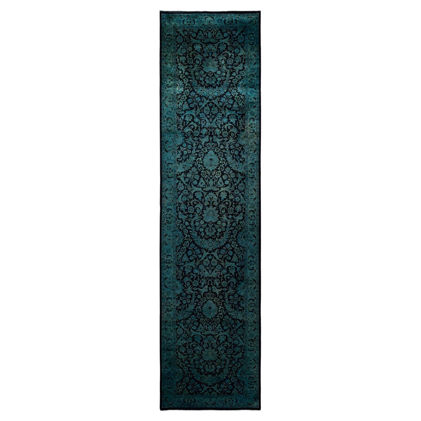 Contemporary Overdyed Hand Knotted Wool Blue Runner For Sale