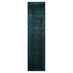 Contemporary Overdyed Hand Knotted Wool Blue Runner