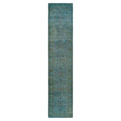 Chemin de table contemporain en laine surteinte nouée à la main, bleu