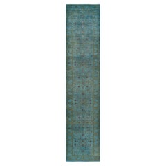 Contemporary Overdyed Hand Knotted Wool Blue Runner