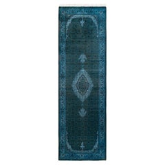 Runner contemporaneo in lana blu sovratinto e annodato a mano