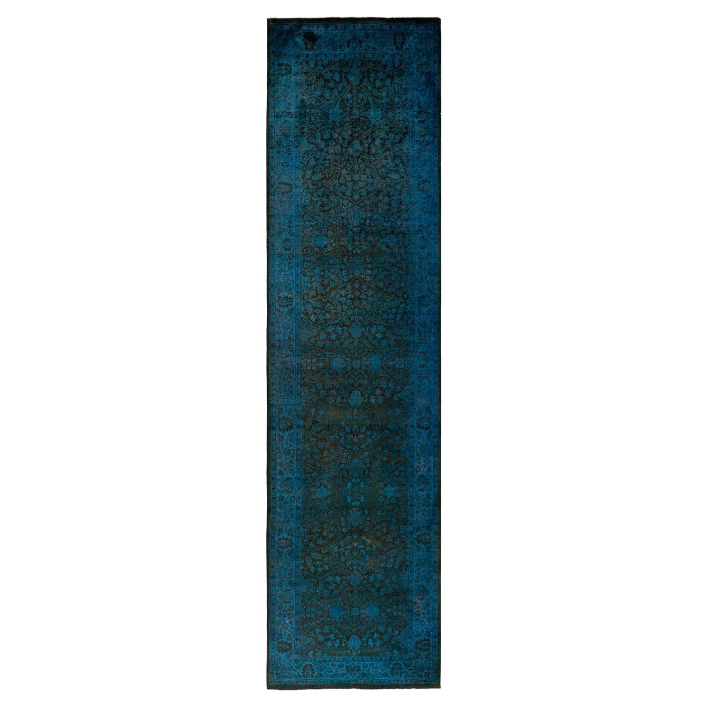 Chemin de table contemporain en laine surteinte nouée à la main, bleu