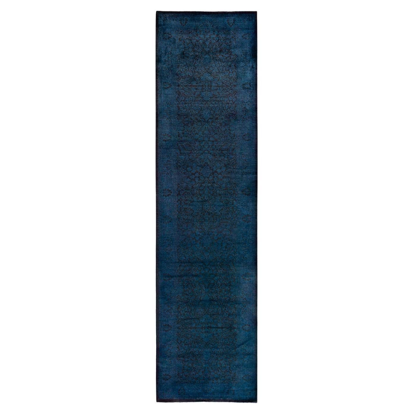 Contemporary Overdyed Hand Knotted Wool Blue Runner