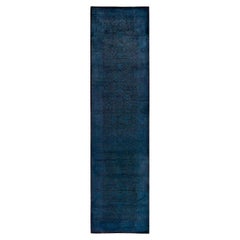 Contemporary Overdyed Hand Knotted Wool Blue Runner