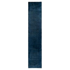 Contemporary Overdyed Hand Knotted Wool Blue Runner